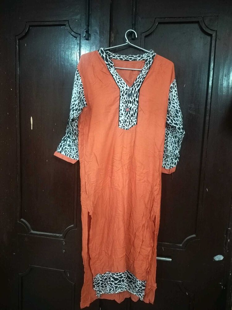 Orange Kurta with Leopard Print Accents