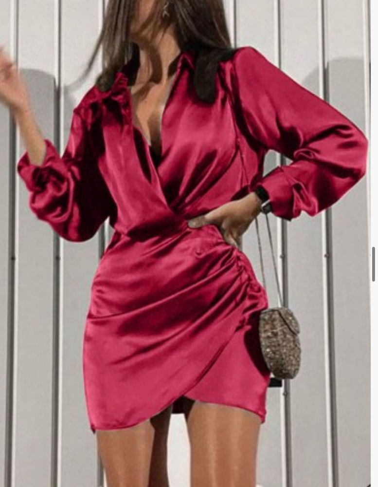 Elegant Satin Ruched Wrap Dress