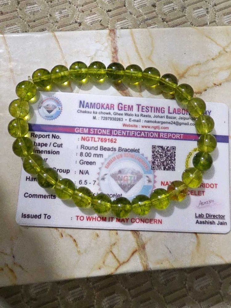 Green Peridot Beaded Bracelet with Lab Report