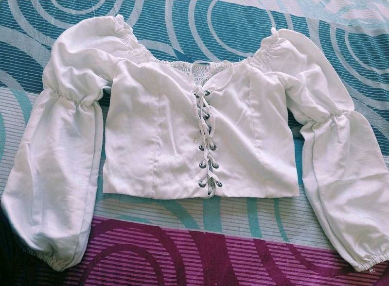 White Puff Sleeve Lace-Up Top