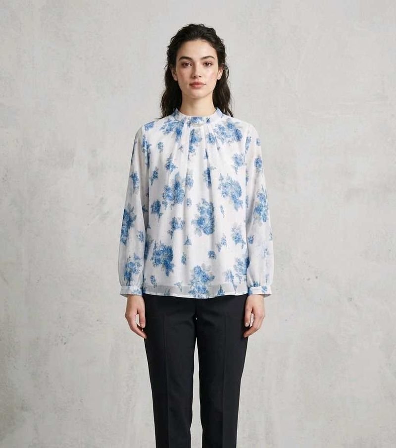Blue Floral Sheer Long Sleeve Top