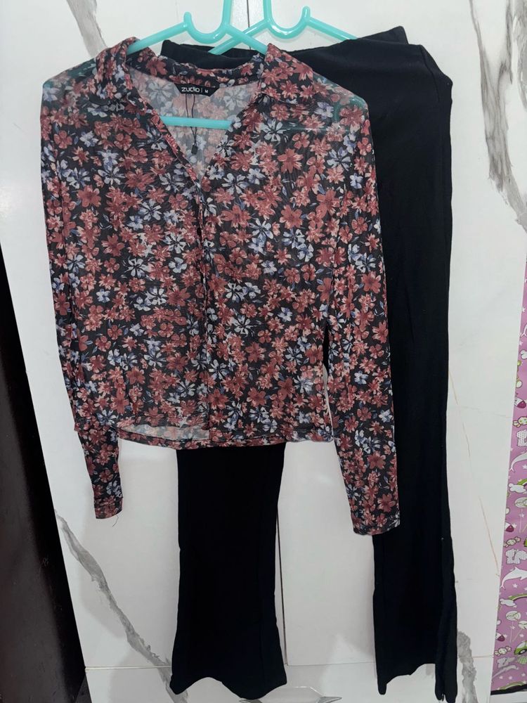 Floral Print Top &amp; Black bell bottom Pants Set