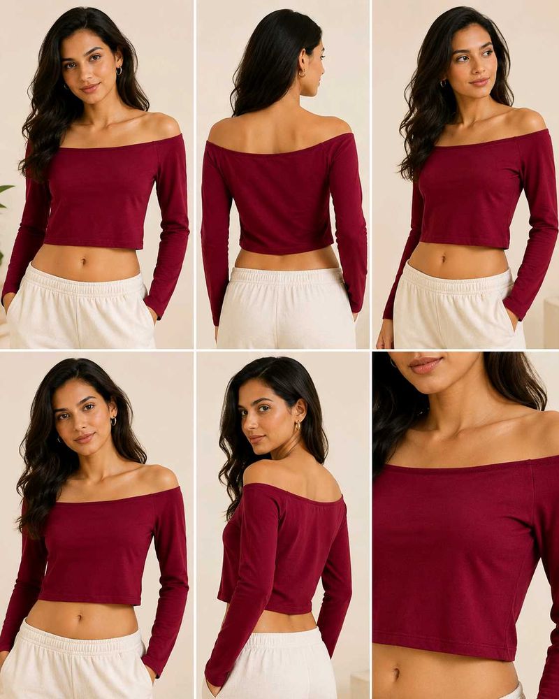 Maroon Off-Shoulder Long Sleeve Crop Top