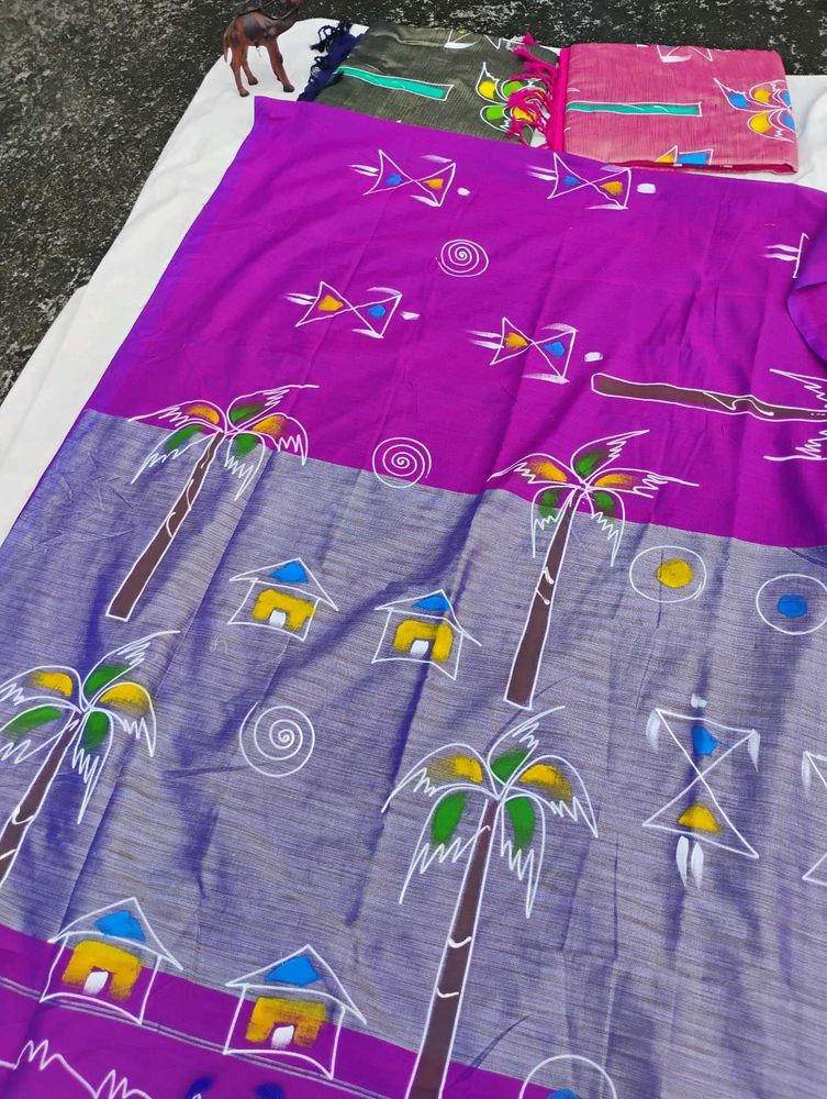 Vibrant Purple Saree with Tropical Print