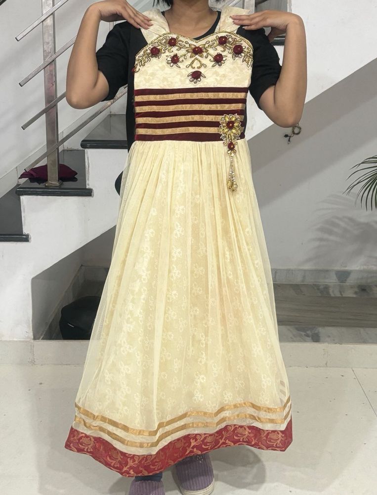Elegant Cream &amp; Burgundy Dress