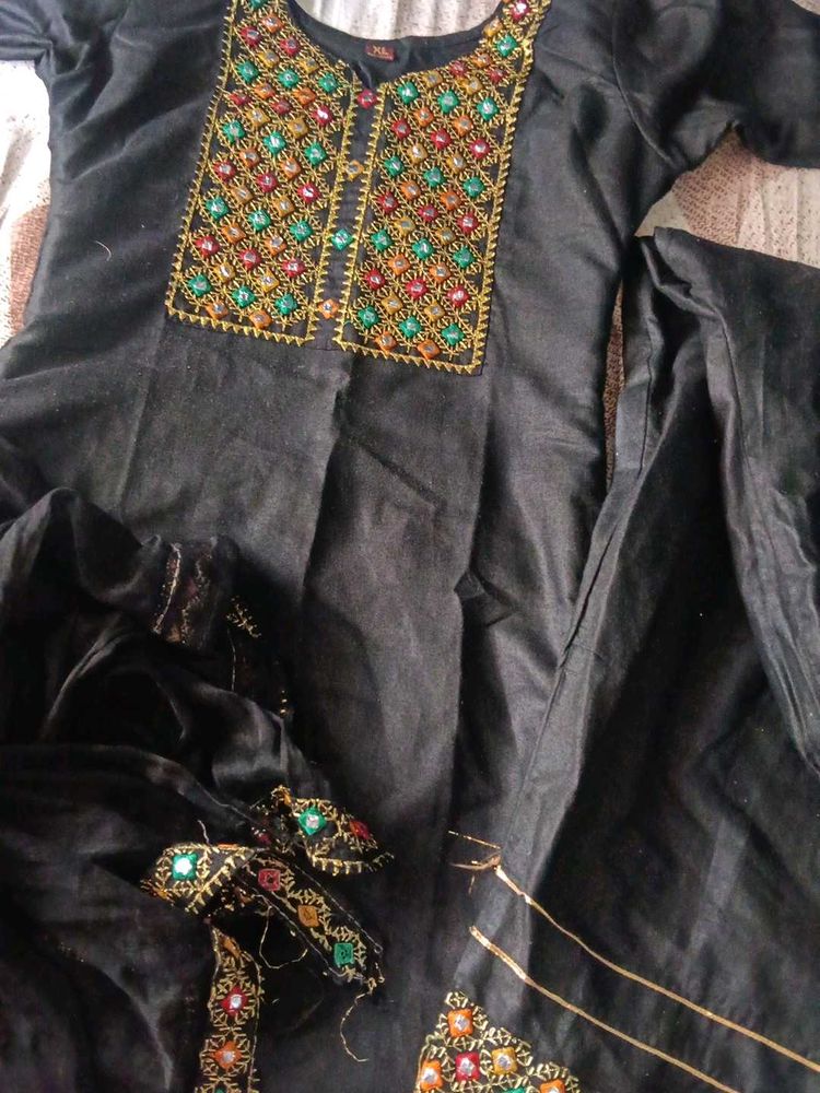 Black Kurta Set with Embellished Neckline