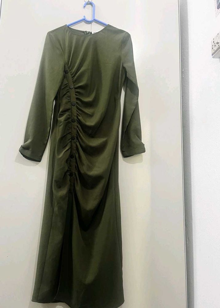 Zara Elegant Ruched Olive Green Dress