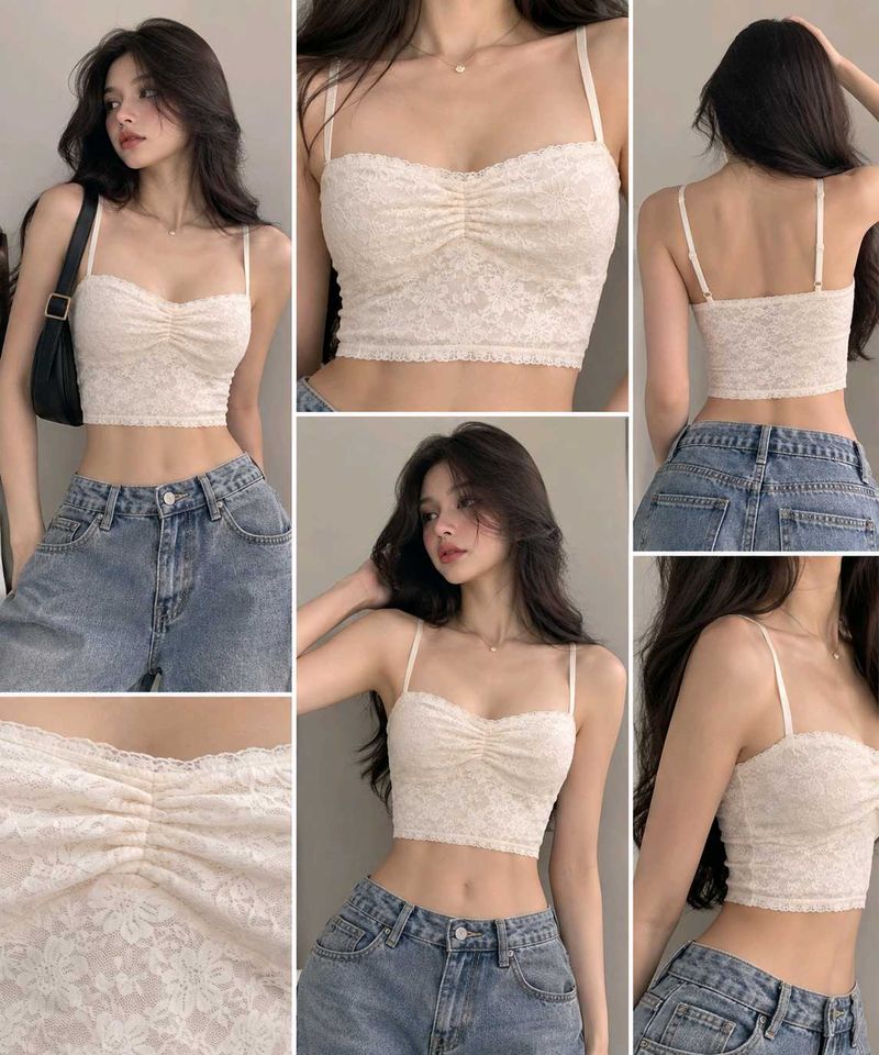 Cream Lace Ruched Crop Top