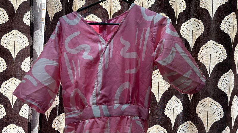 Pink Abstract Print V-Neck jumpsuit Dress