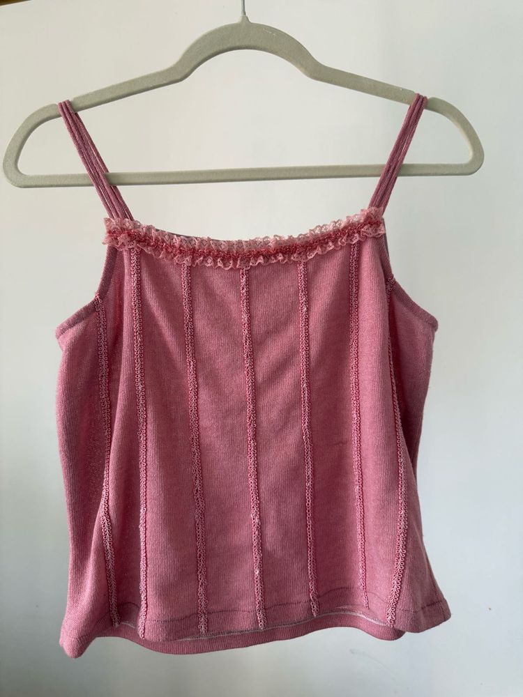 Pink Tank Top with Ruffle Trim