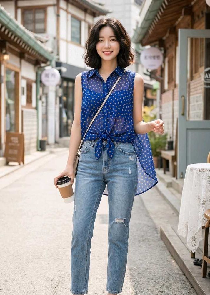 Blue Polka Dot Sleeveless Shirt