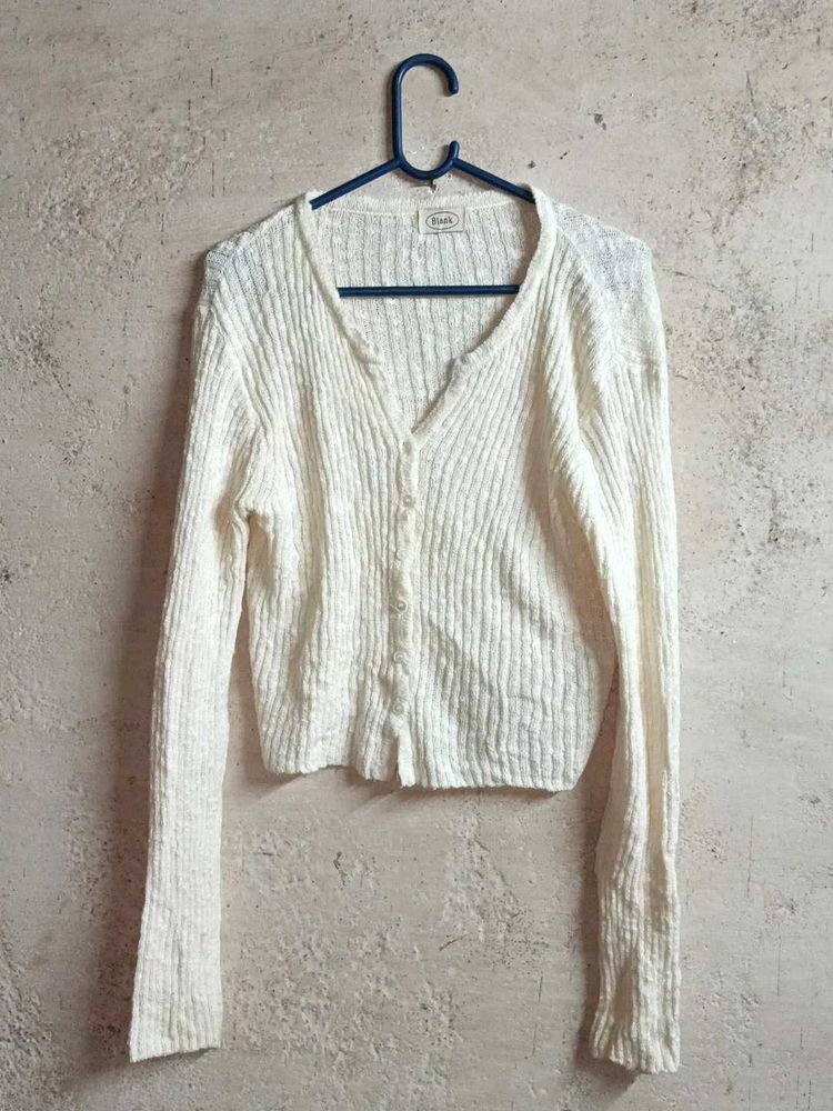 Cream Ribbed Knit Button-Up Cardigan