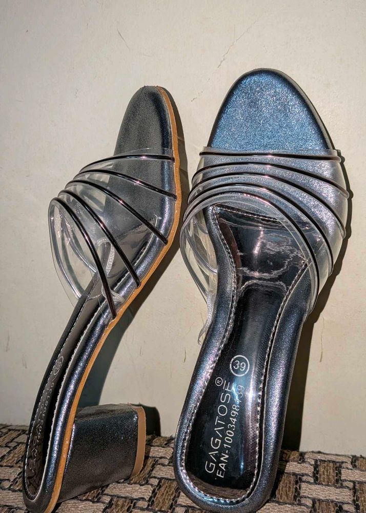 Silver Strappy Block Heels