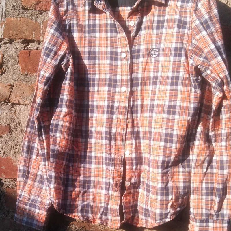 Orange &amp; Navy Plaid Button-Up Shirt