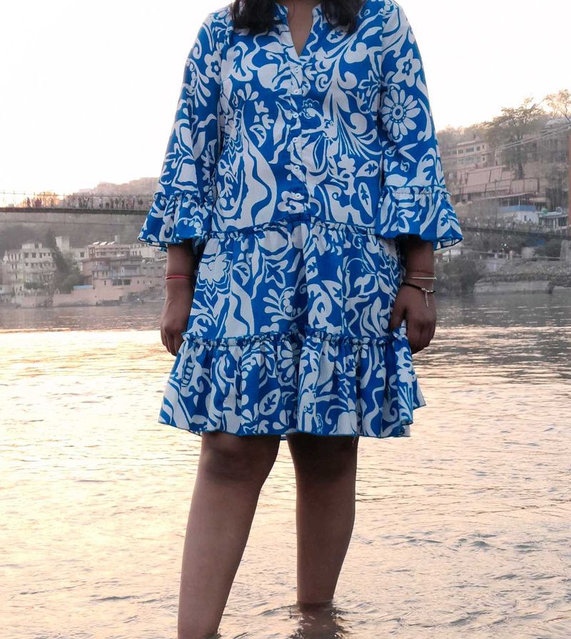 Boho Blue &amp; White Ruffle Dress
