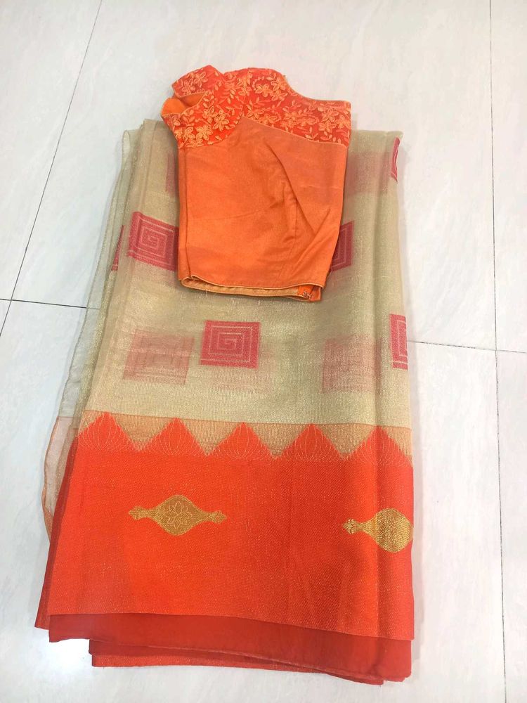 Beautiful Orange &amp; Beige Saree