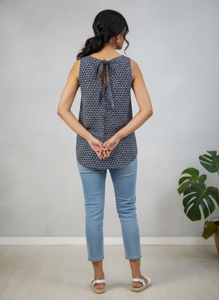H&amp;M Women Navy Blue Printed Tie-Up Top