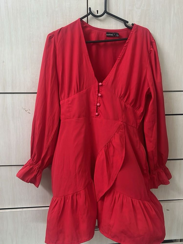 Boohoo Red Ruffle Detail Mini Dress