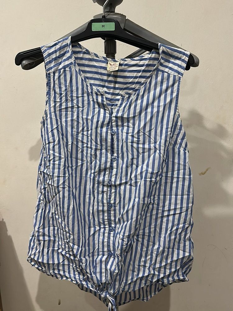 Blue Striped Sleeveless Tie-Front Top
