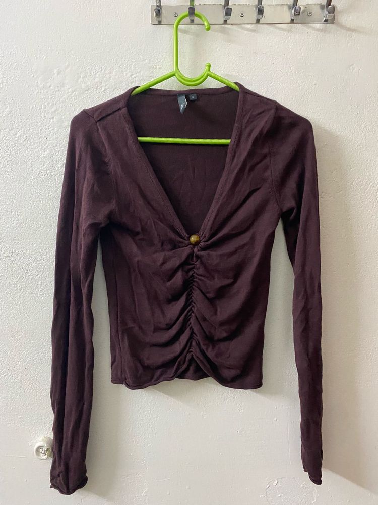 Deep V-Neck Ruched Long Sleeve Top
