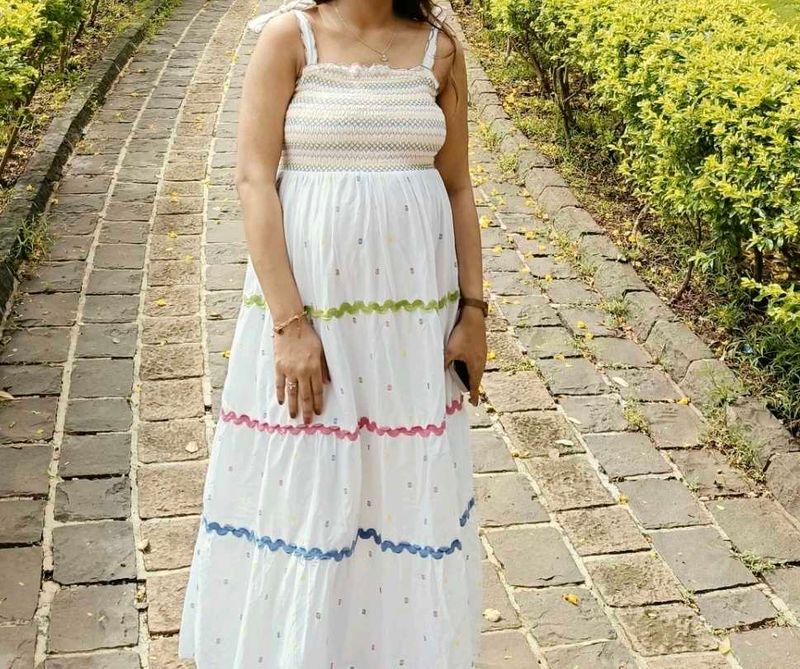 Boho Maxi Dress with Smocked Bodice and polka dots