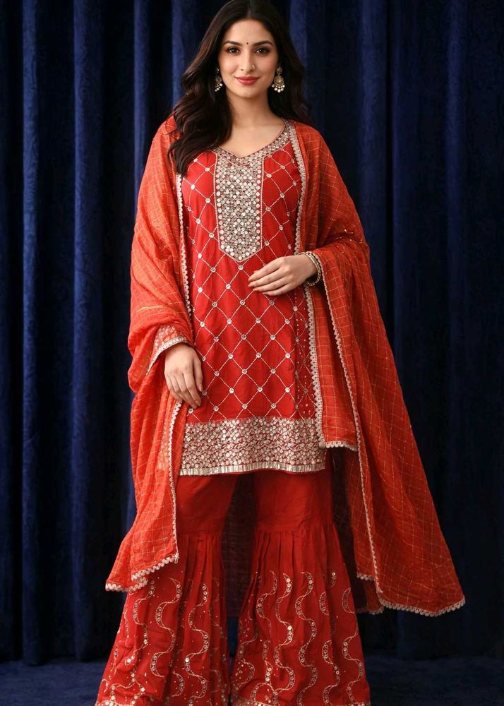 Elegant Red Embroidered Gharara Suit