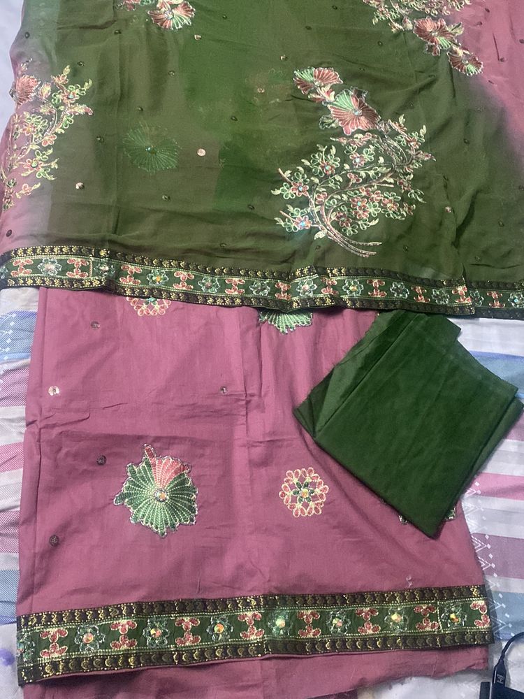 ONION PINK PURE COTTON SUIT FABRIC HANDWORK DUPATT