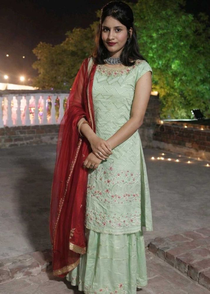 Elegant Mint Green Embroidered sarara set