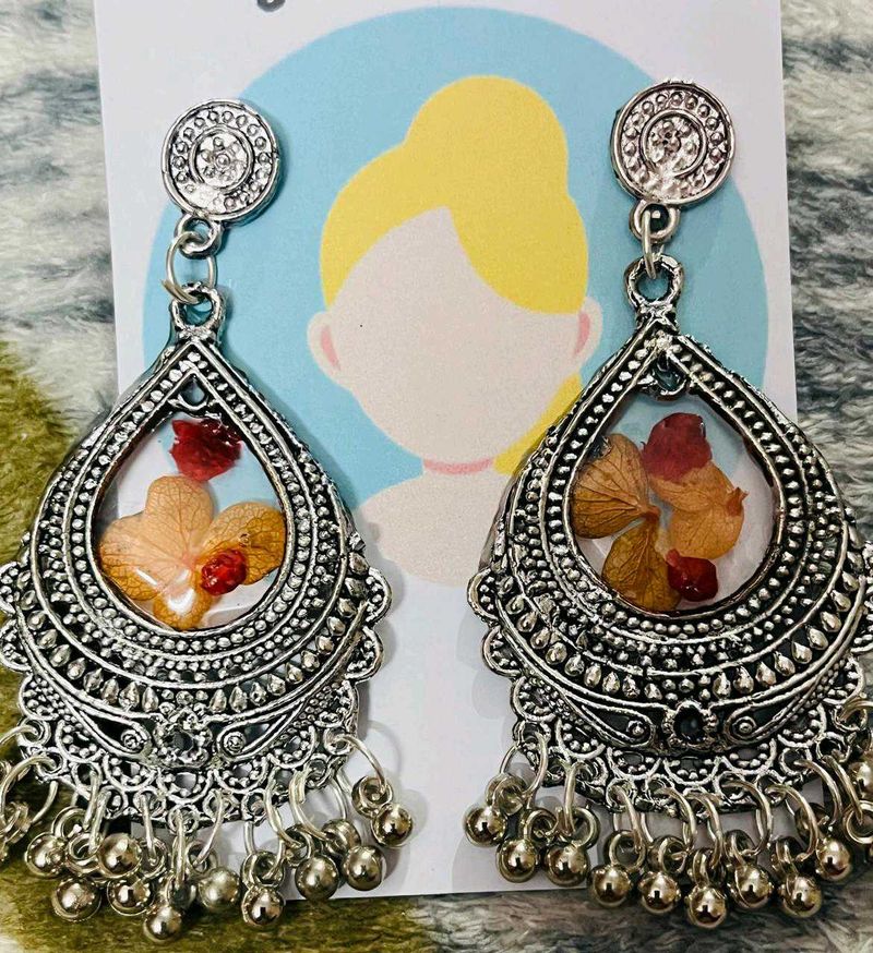 Silver Jhumka Earrings with Real Flower Inlay