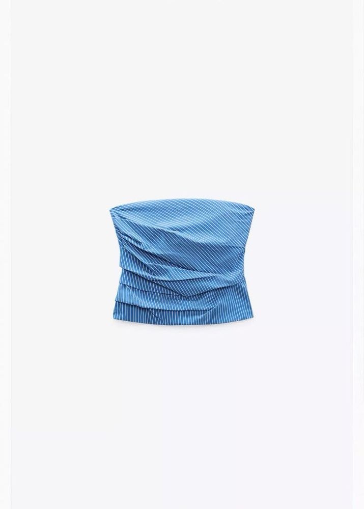 Blue Striped Ruched Strapless Top