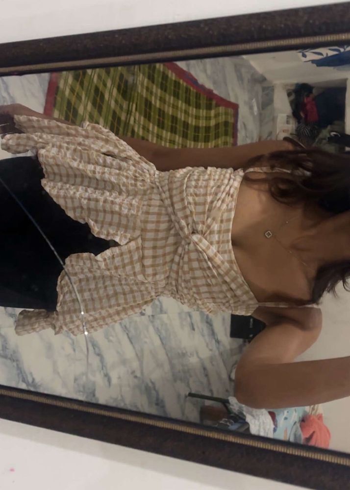 Checkered Crinkle Top with Tie-Up Detail