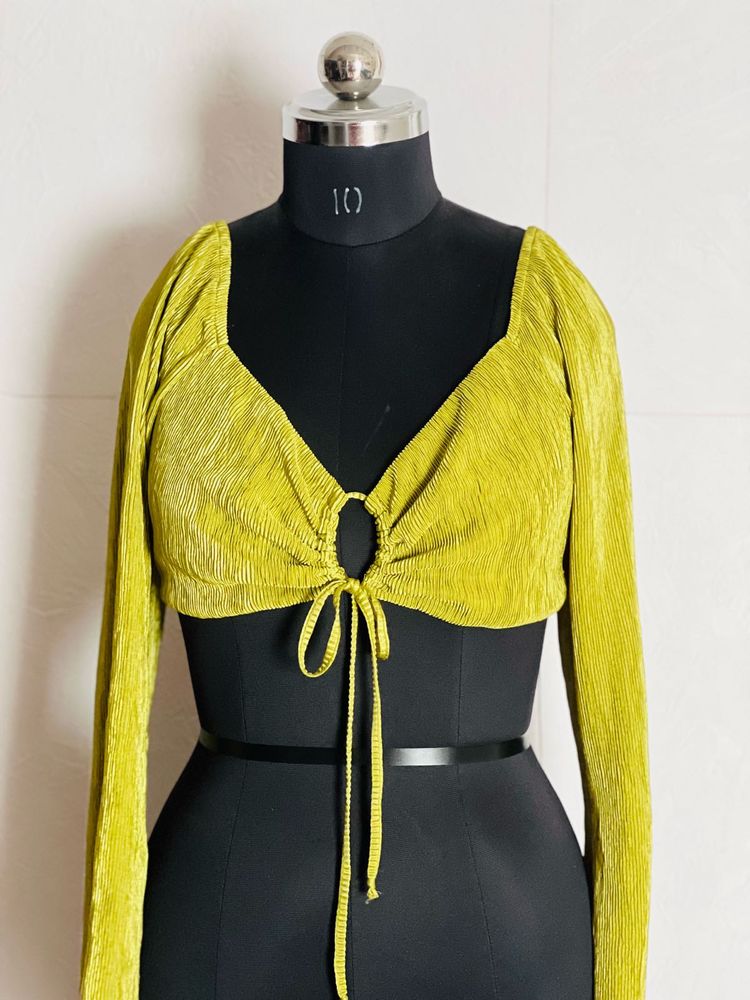 Lime Green Ruched Tie-Up Blouse