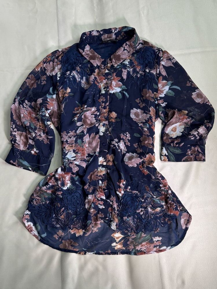 Navy Floral Print Sheer Blouse
