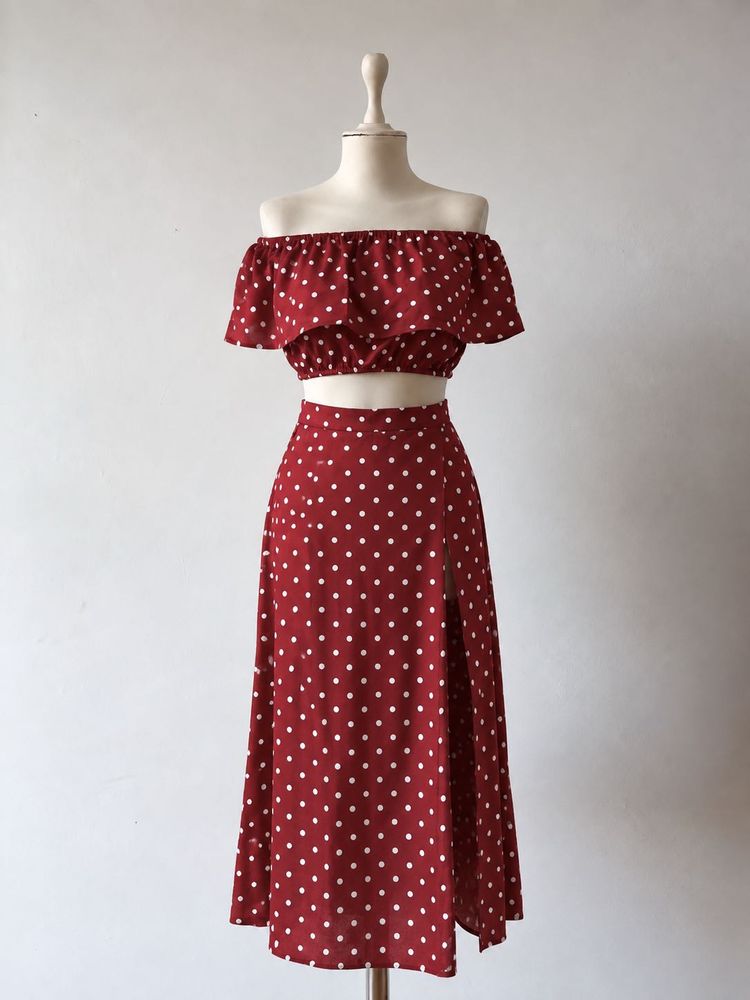 Polka Dot Off-Shoulder Crop Top &amp; Skirt Set