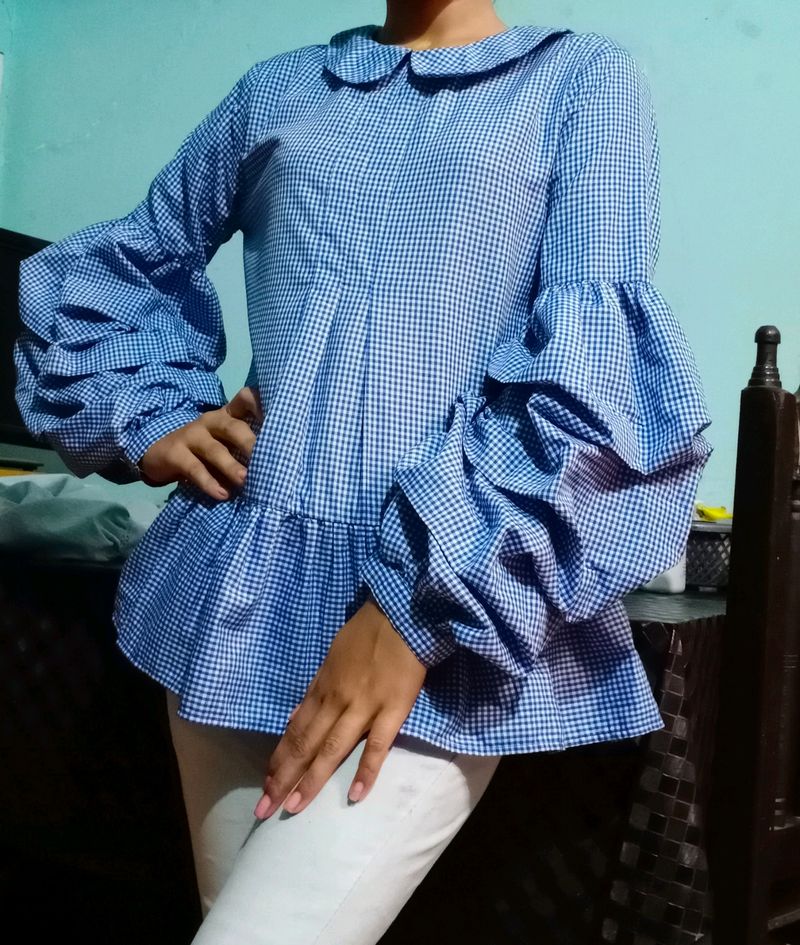 Blue Gingham Ruffle Sleeve Top