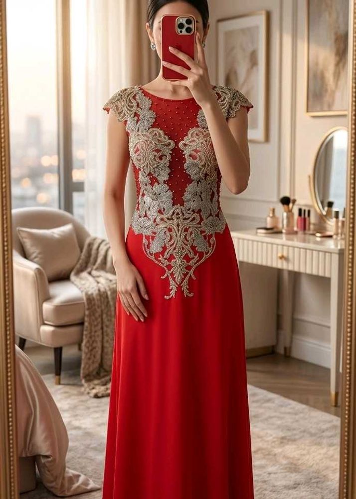 Elegant Red Embroidered Evening Gown
