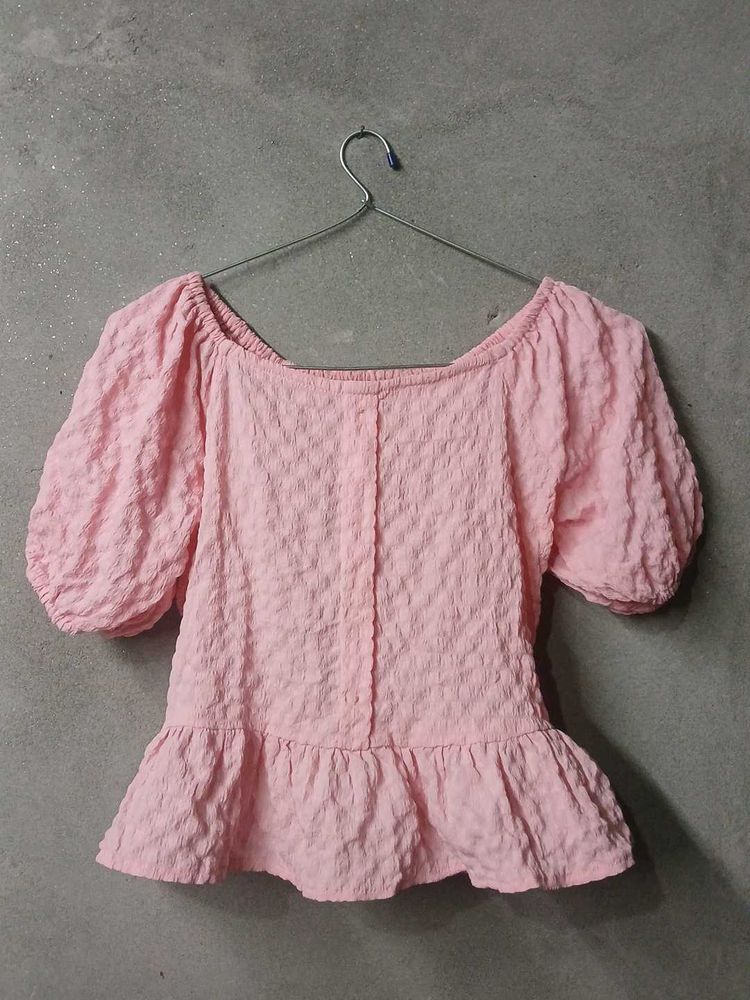 Pink Puff Sleeve Peplum Top