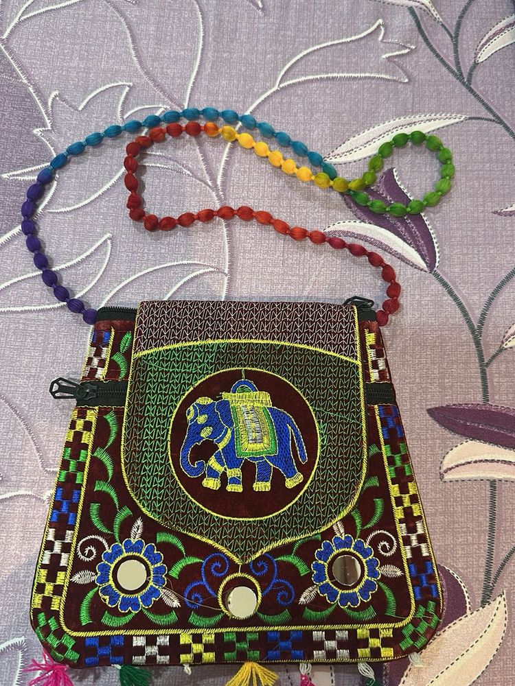 Jaipuri Embroidered Elephant Crossbody Bag