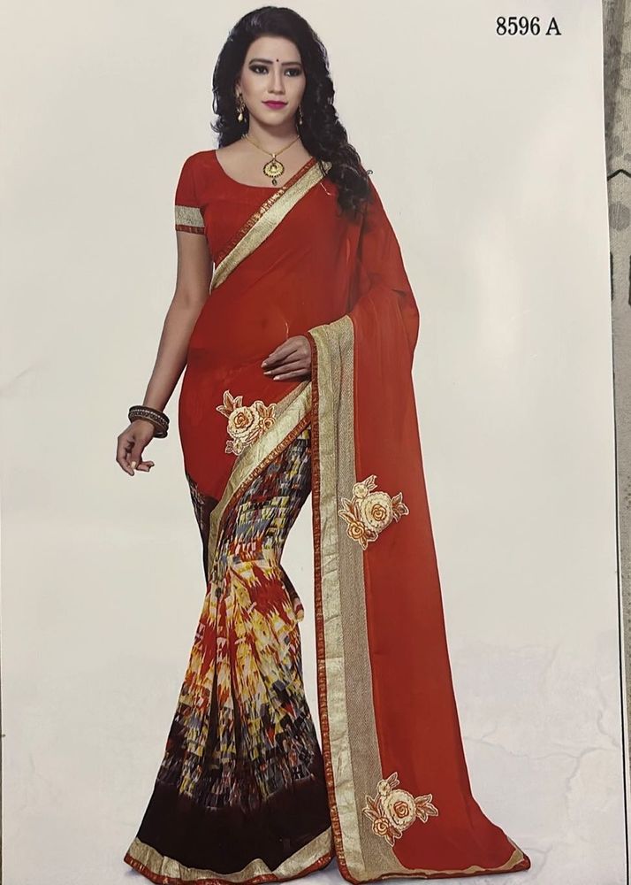 Orange Multicolour Chiffon Saree With blouse Piece