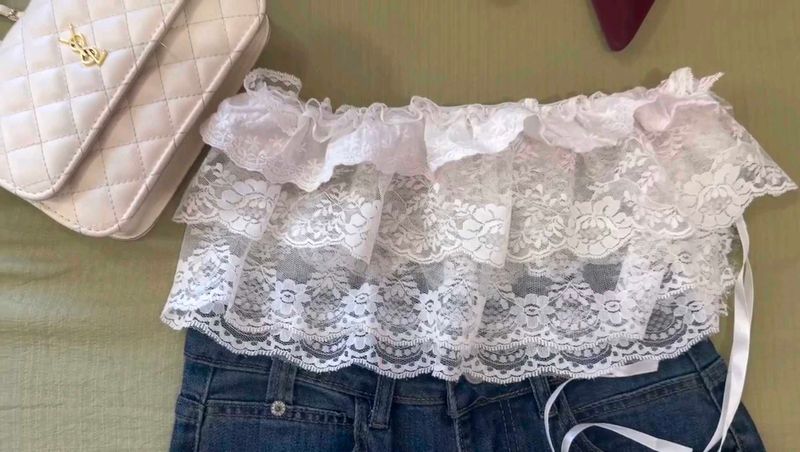 Sheer Lace Ruffle jeans tie