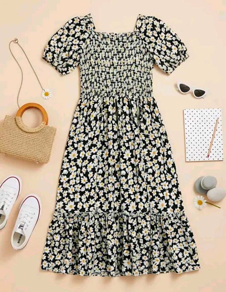Floral Square Neck Puff Sleeve Dress