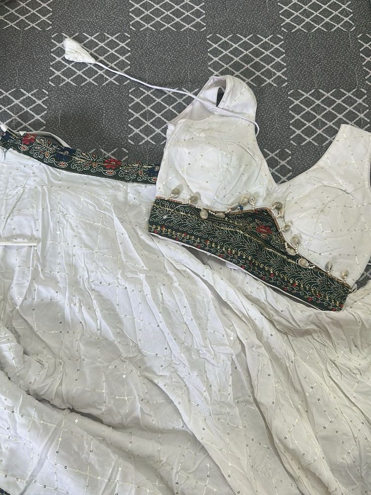 White Sequined Lehenga Choli Set With Dupatta
