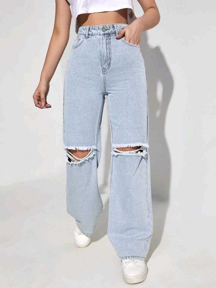 Trendy Ripped Light Wash Wide Leg Jeans