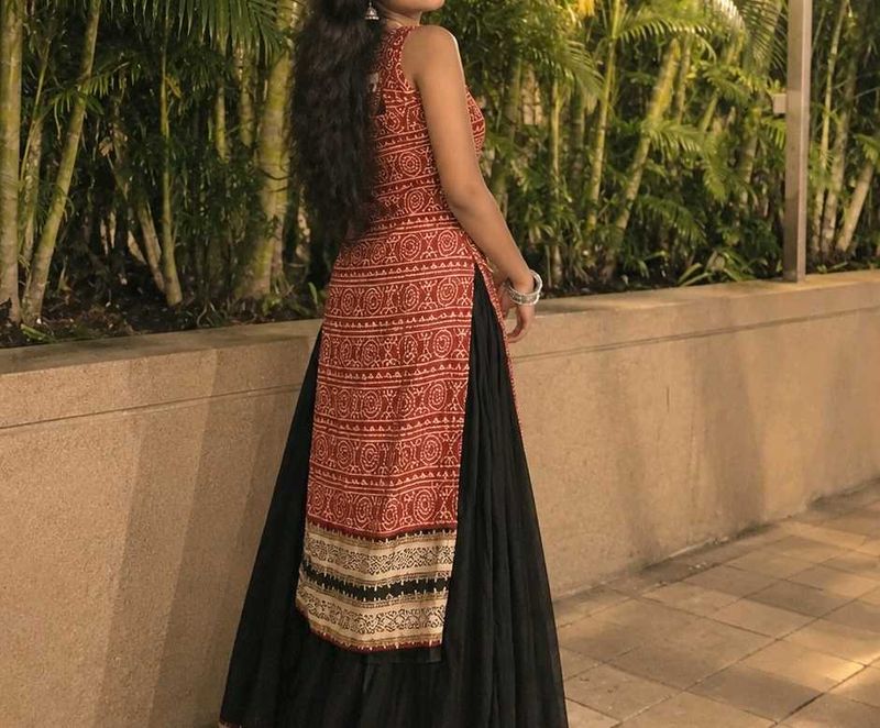 Red Ethnic Kurta with Black Skirt