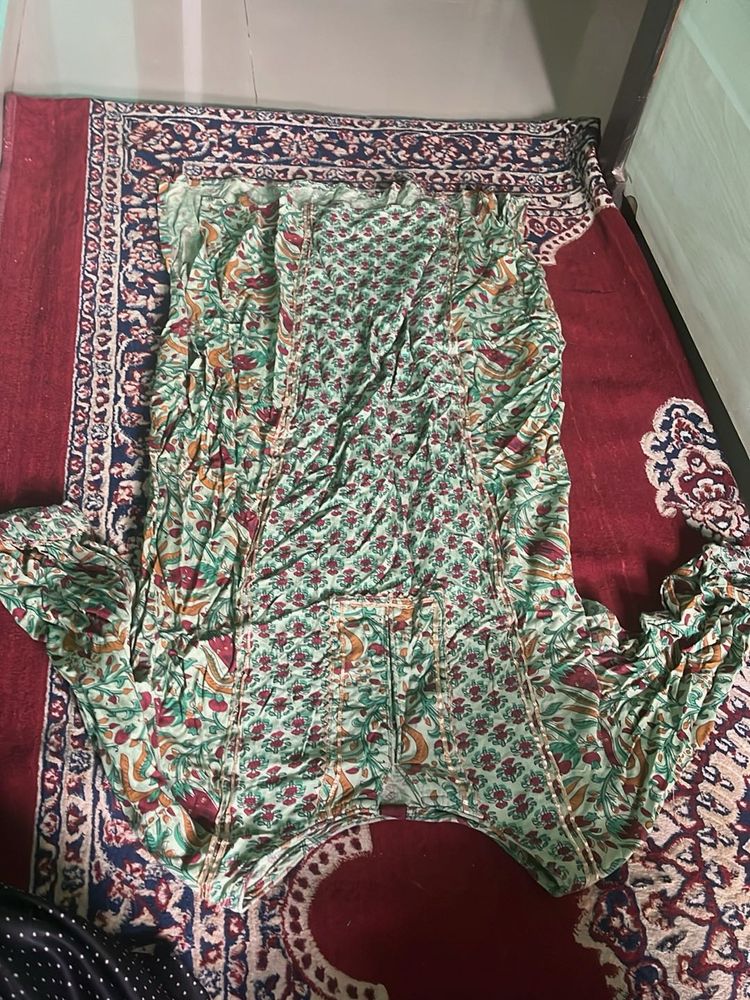 Green Floral Print Cotton Kurta