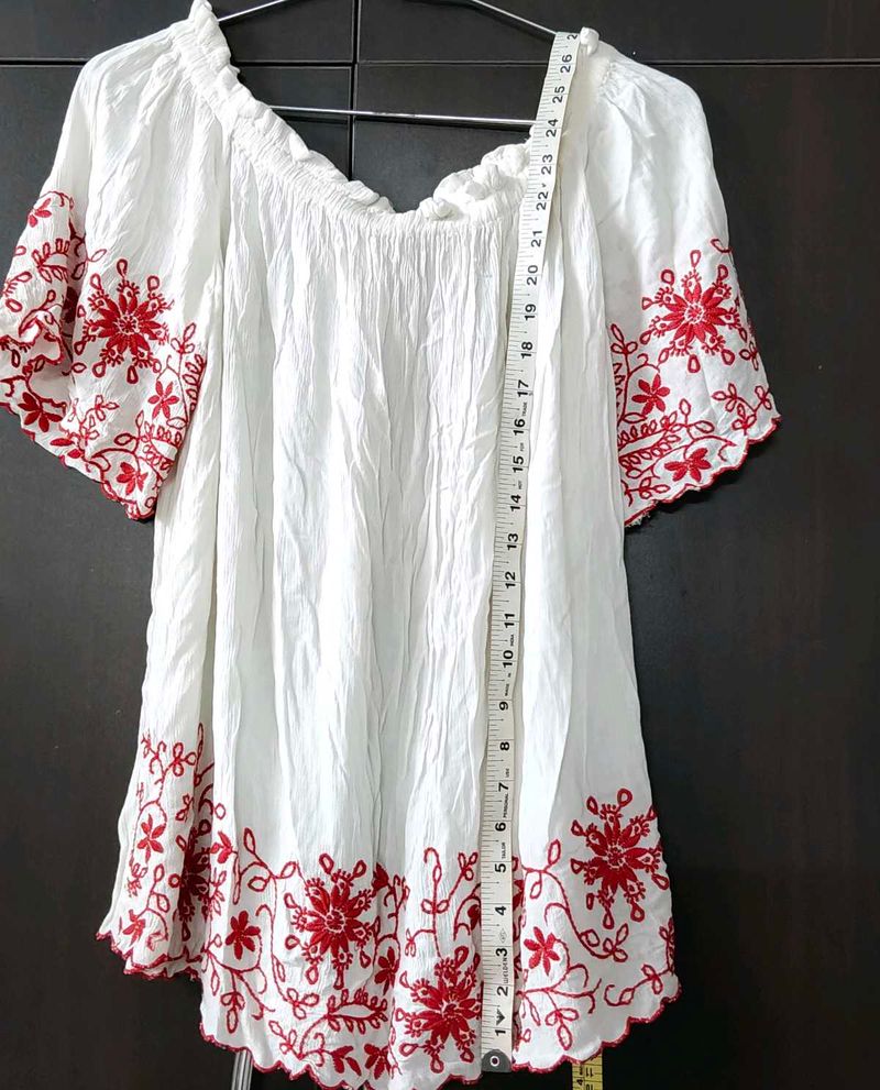 White Off-Shoulder Top with Red Embroidery