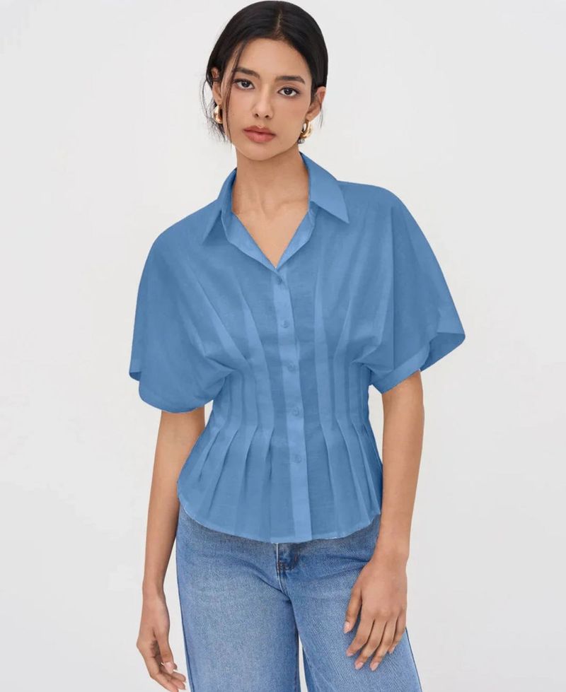 Stylish Blue Pleated Peplum Shirt