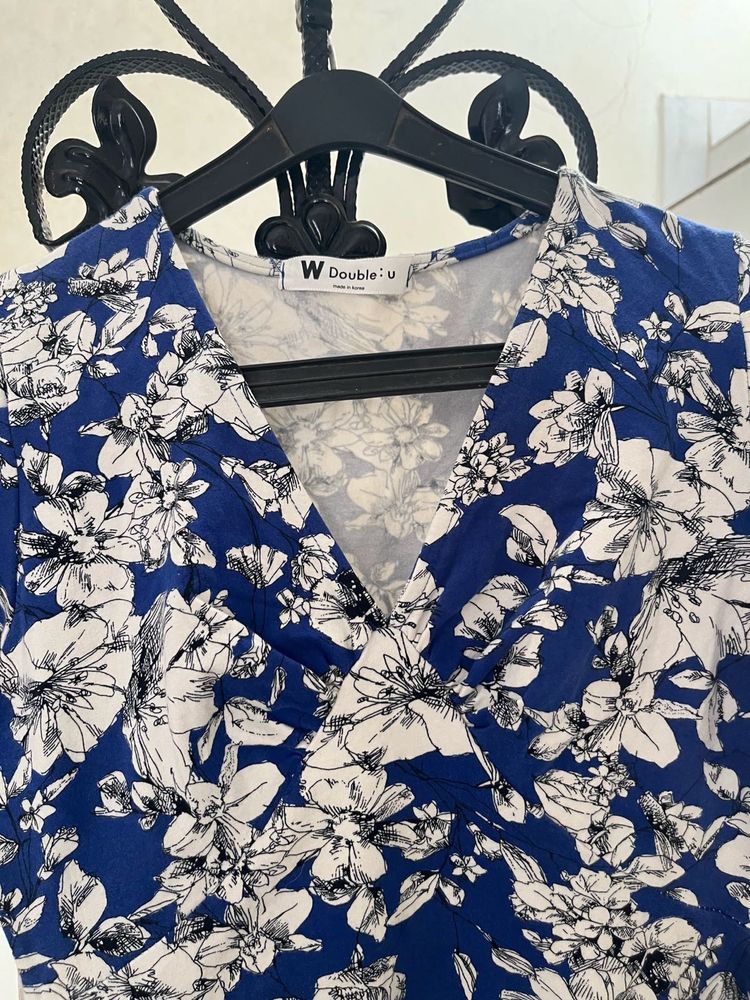 Blue Floral V-Neck Wrap Dress