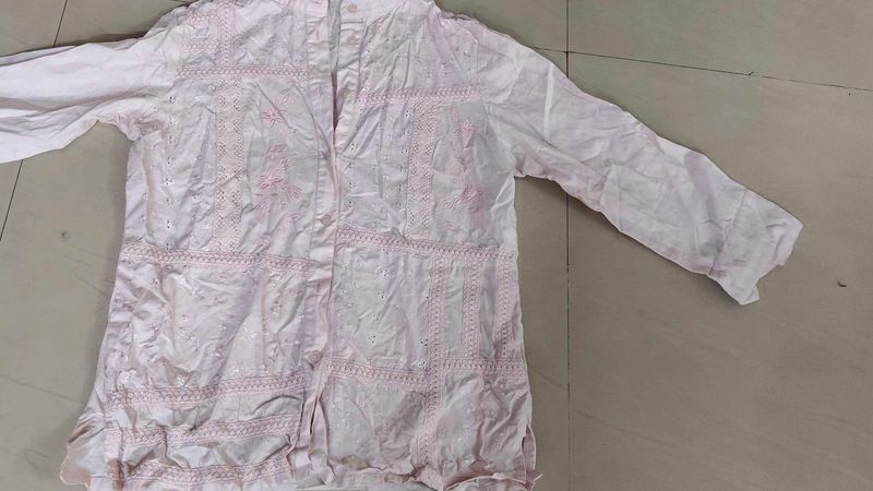 light pink schiffli top with weave and embroidery