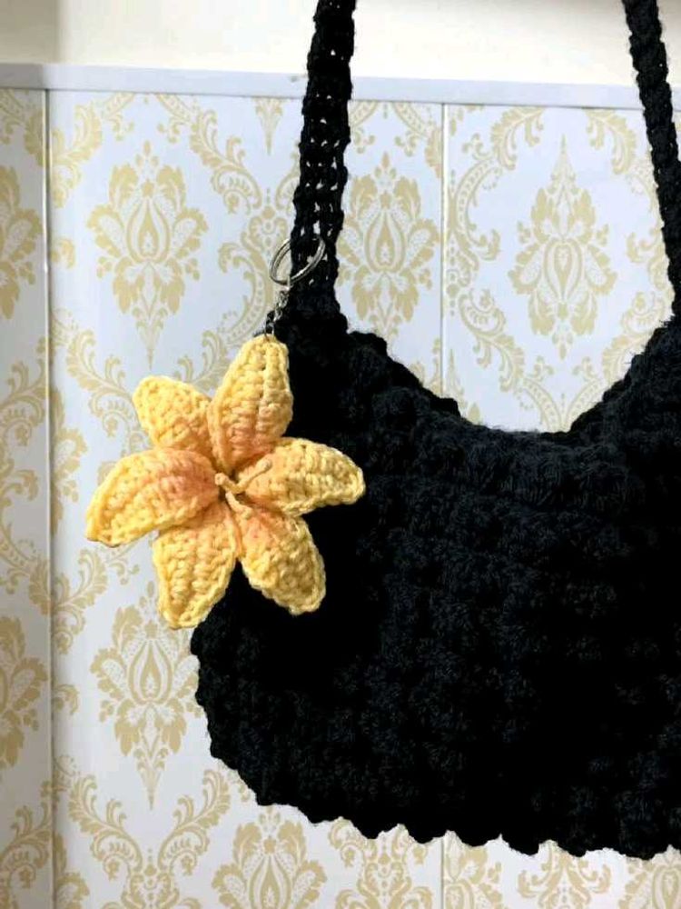 Crocheted Black Handbag with Flower Charm